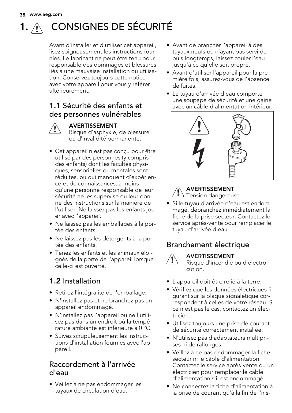 Consignes de sécurité, 2 installation, Raccordement à l'arrivée d'eau | Branchement électrique | AEG F77028W0P User Manual | Page 38 / 76