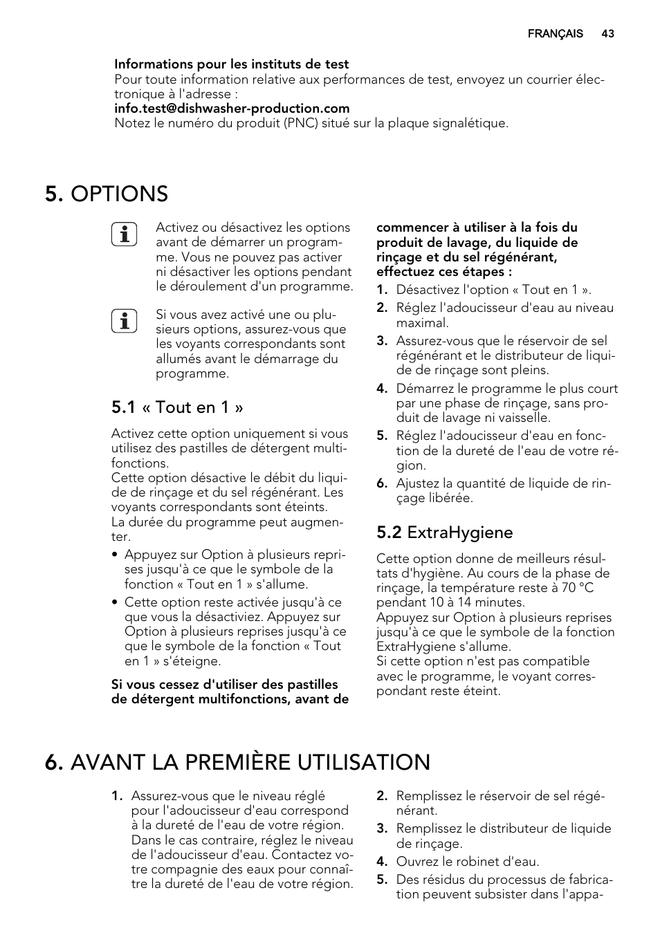 Options, Avant la première utilisation, 1 « tout en 1 | 2 extrahygiene | AEG F77028W0P User Manual | Page 43 / 76