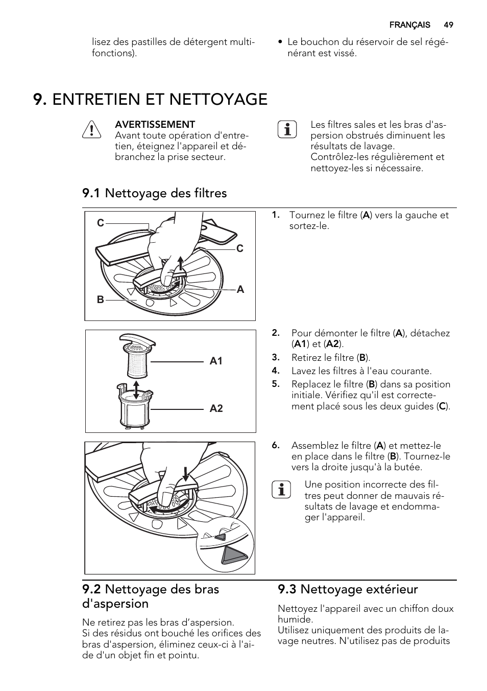 Entretien et nettoyage, 1 nettoyage des filtres, 2 nettoyage des bras d'aspersion | 3 nettoyage extérieur | AEG F77028W0P User Manual | Page 49 / 76