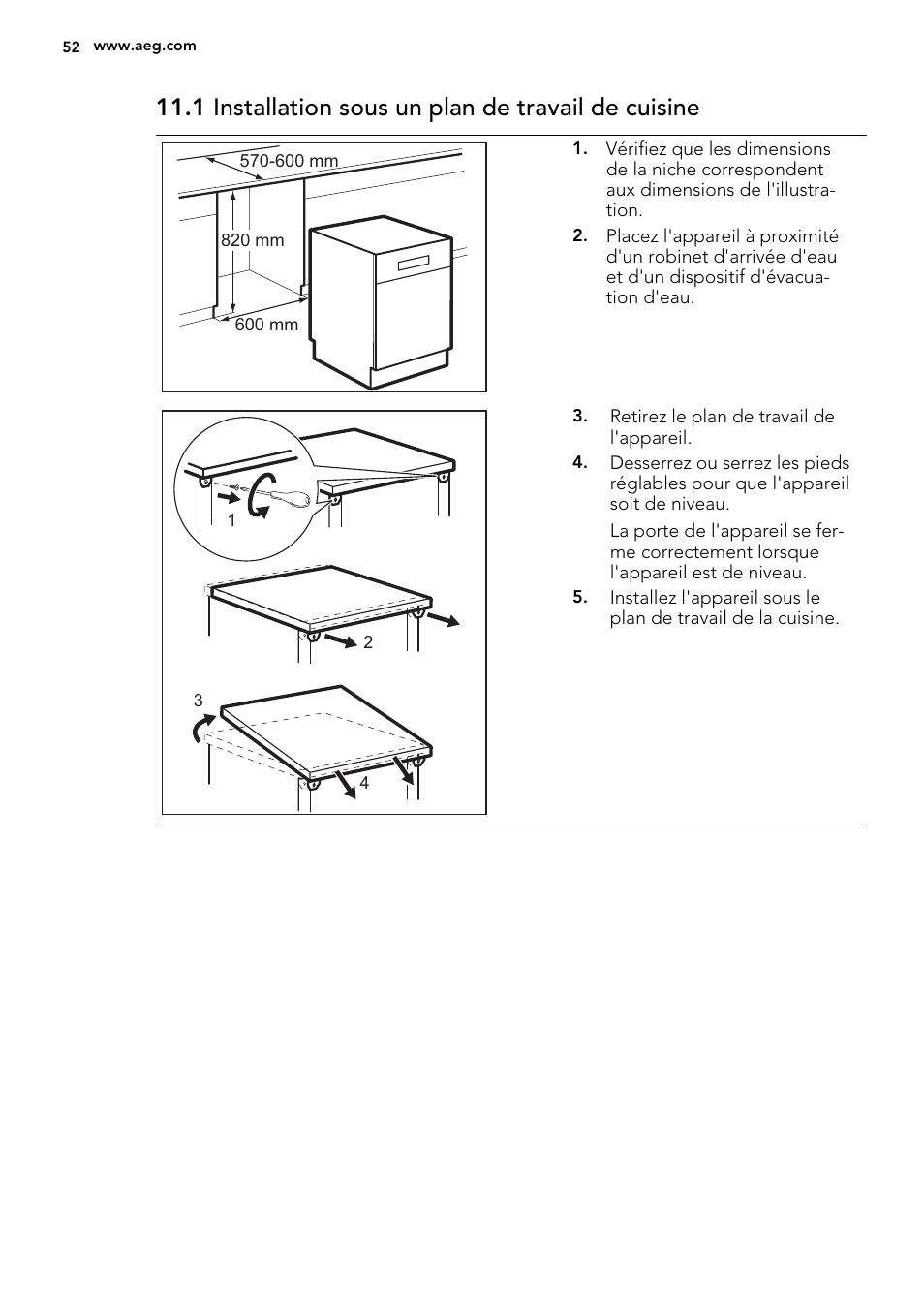 1 installation sous un plan de travail de cuisine | AEG F77028W0P User Manual | Page 52 / 76