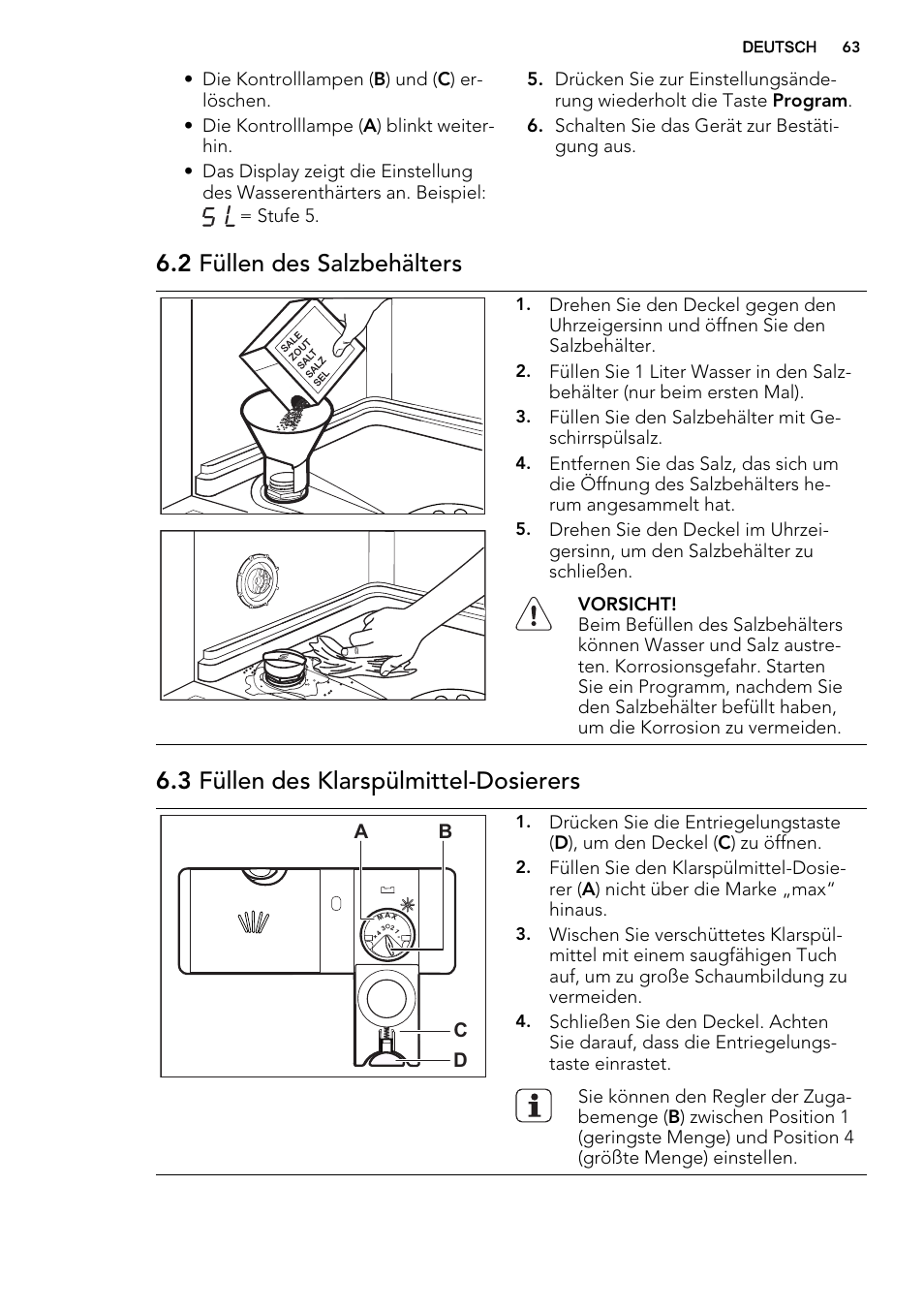 2 füllen des salzbehälters, 3 füllen des klarspülmittel-dosierers | AEG F77028W0P User Manual | Page 63 / 76