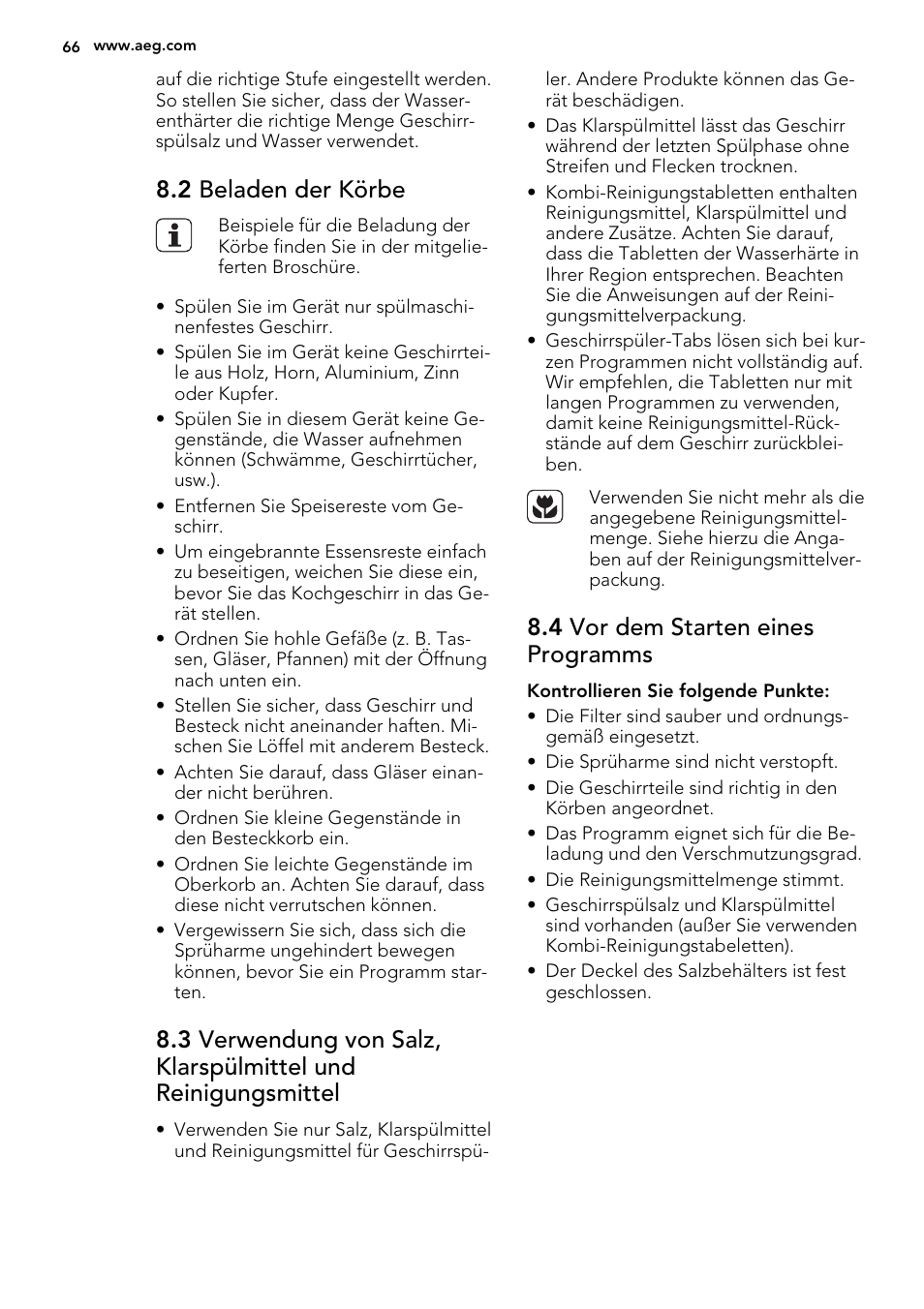 2 beladen der körbe, 4 vor dem starten eines programms | AEG F77028W0P User Manual | Page 66 / 76
