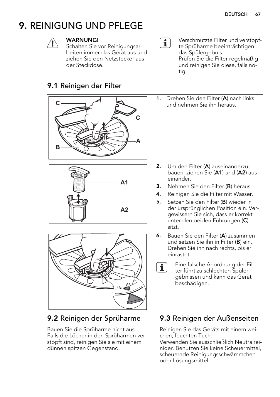 Reinigung und pflege, 1 reinigen der filter, 2 reinigen der sprüharme | 3 reinigen der außenseiten | AEG F77028W0P User Manual | Page 67 / 76
