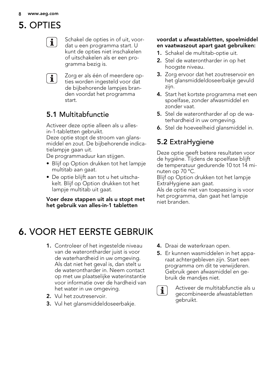 Opties, Voor het eerste gebruik, 1 multitabfunctie | 2 extrahygiene | AEG F77028W0P User Manual | Page 8 / 76