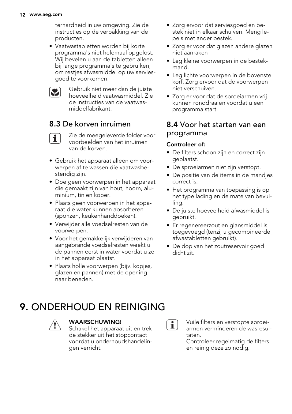 Onderhoud en reiniging, 3 de korven inruimen, 4 voor het starten van een programma | AEG F55020W0P User Manual | Page 12 / 64