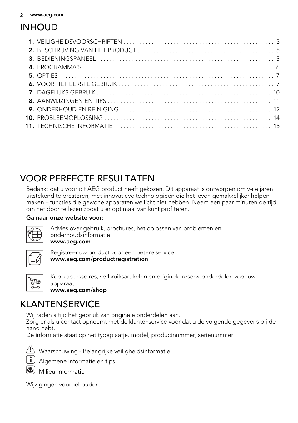 Inhoud, Voor perfecte resultaten, Klantenservice | AEG F55020W0P User Manual | Page 2 / 64