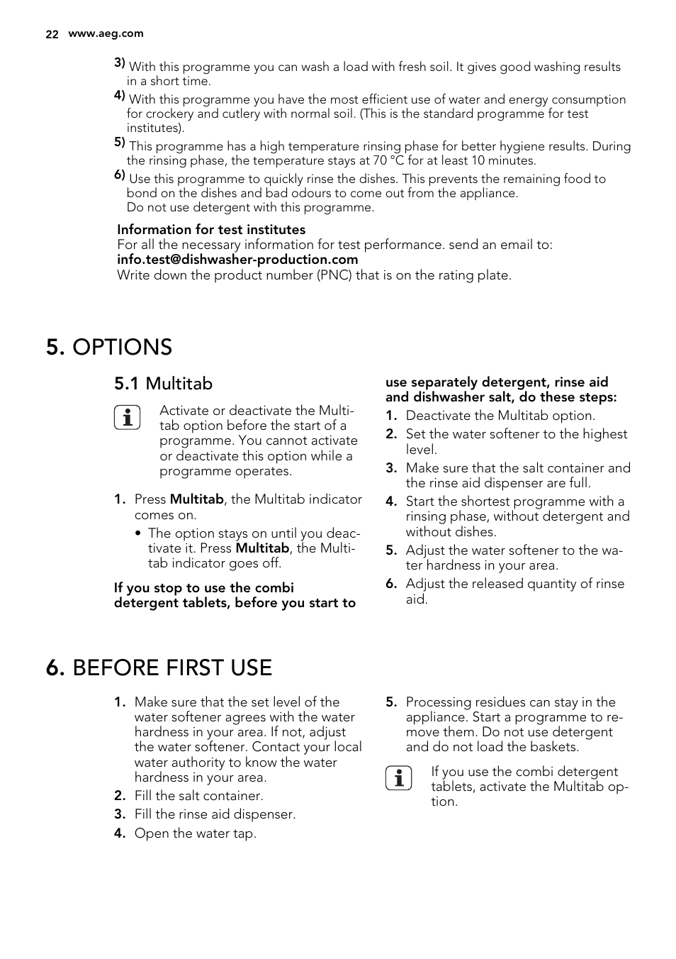 Options, Before first use, 1 multitab | AEG F55020W0P User Manual | Page 22 / 64