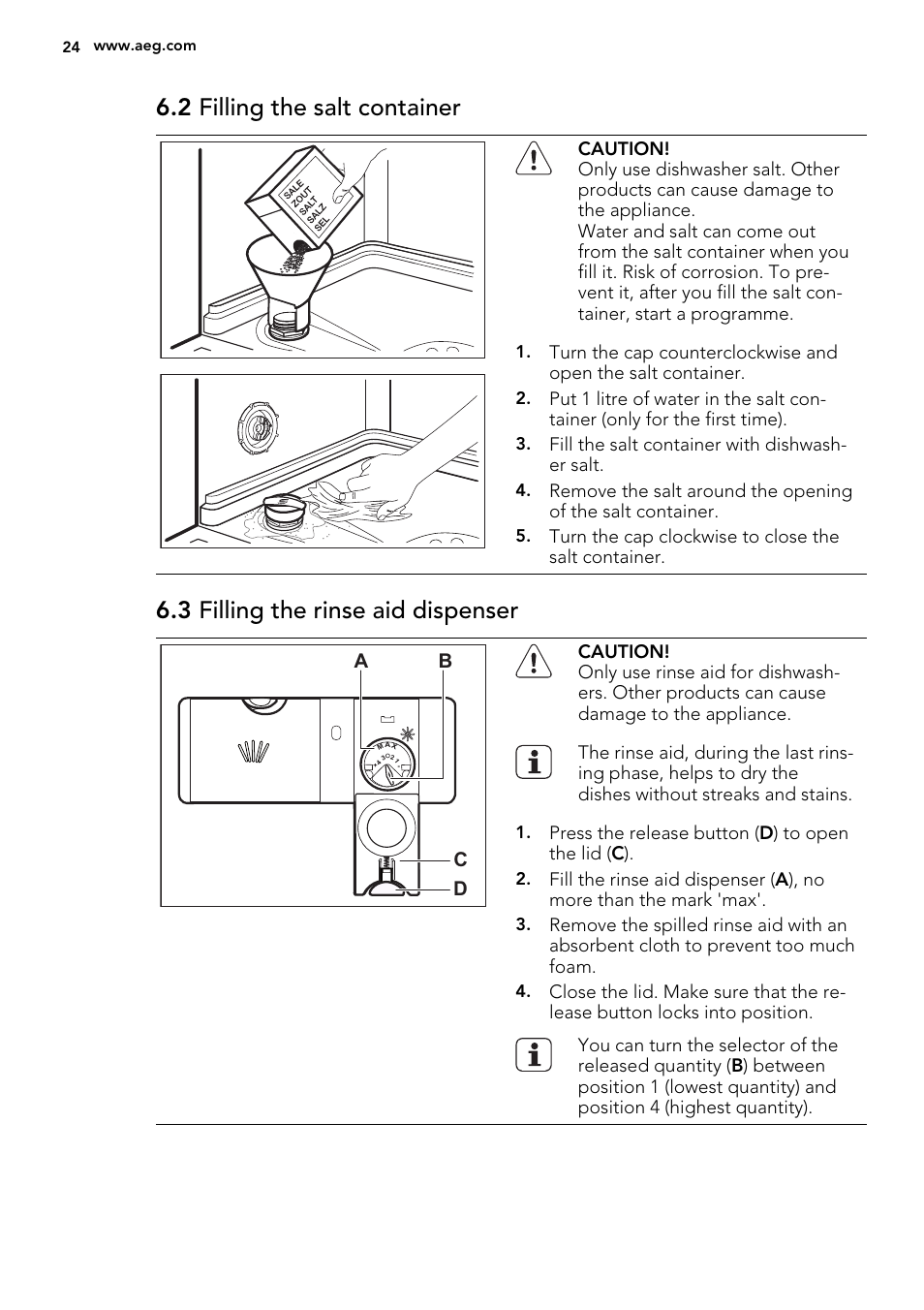 2 filling the salt container, 3 filling the rinse aid dispenser | AEG F55020W0P User Manual | Page 24 / 64