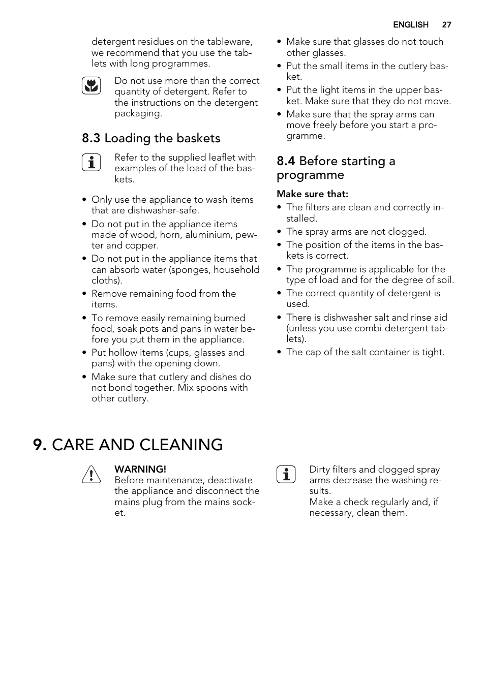Care and cleaning, 3 loading the baskets, 4 before starting a programme | AEG F55020W0P User Manual | Page 27 / 64