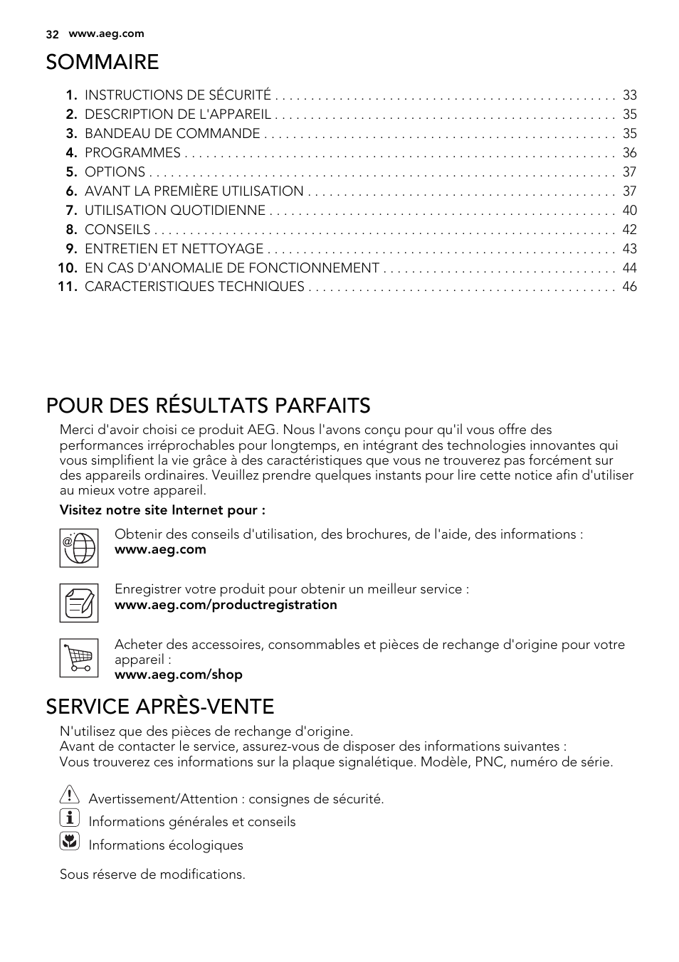 Sommaire, Pour des résultats parfaits, Service après-vente | AEG F55020W0P User Manual | Page 32 / 64