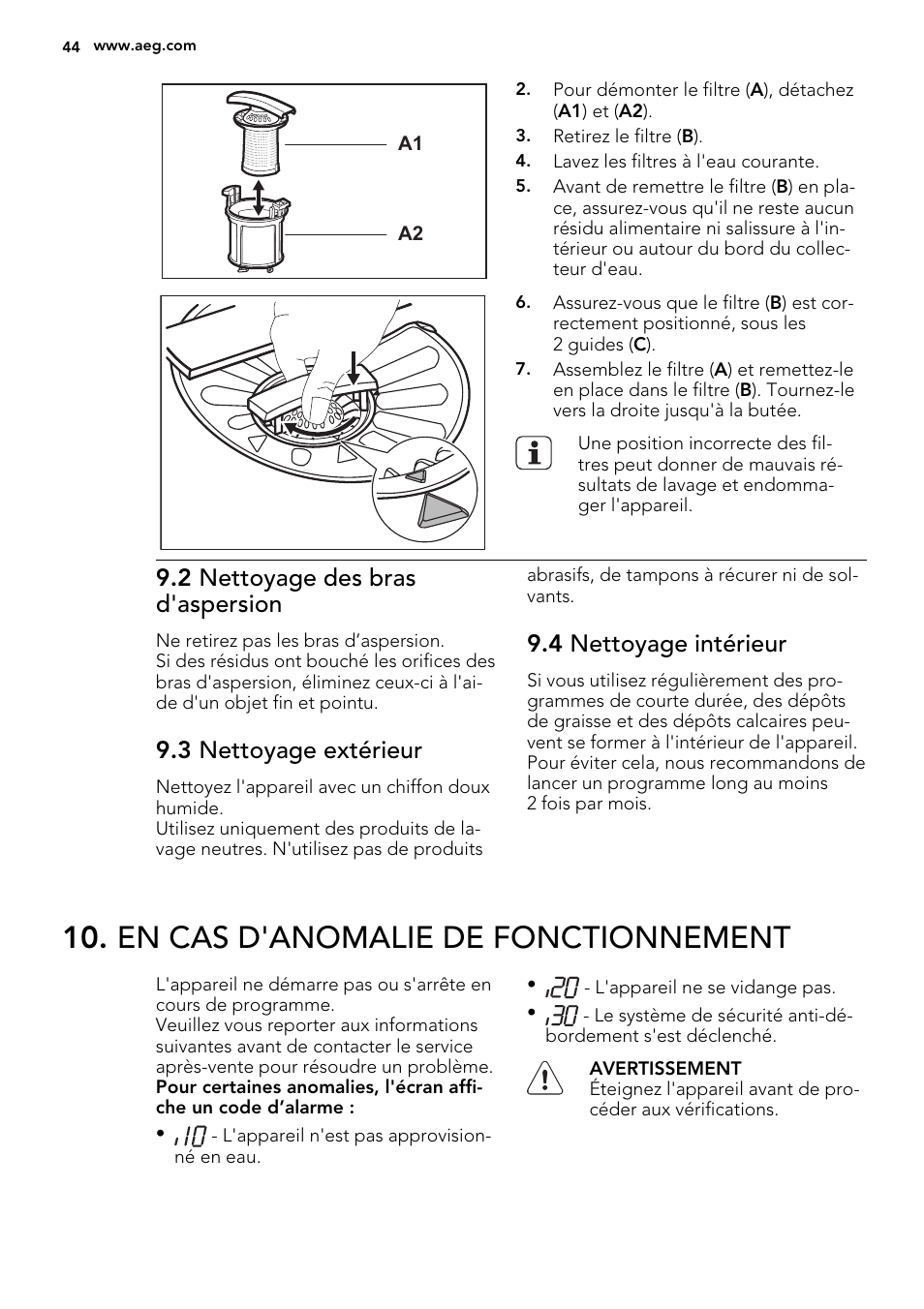 En cas d'anomalie de fonctionnement, 2 nettoyage des bras d'aspersion, 3 nettoyage extérieur | 4 nettoyage intérieur | AEG F55020W0P User Manual | Page 44 / 64