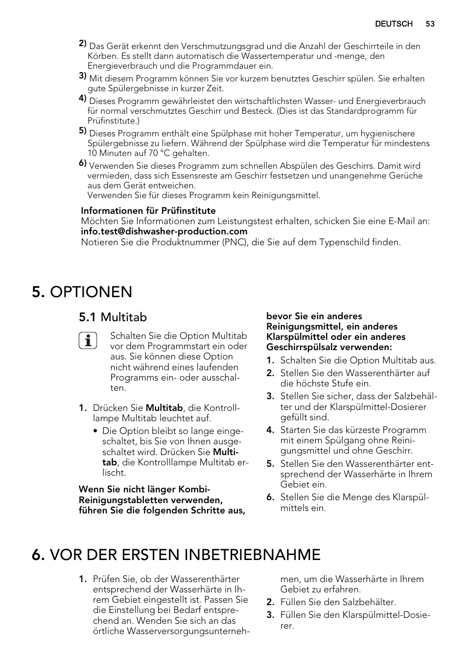 Optionen, Vor der ersten inbetriebnahme, 1 multitab | AEG F55020W0P User Manual | Page 53 / 64