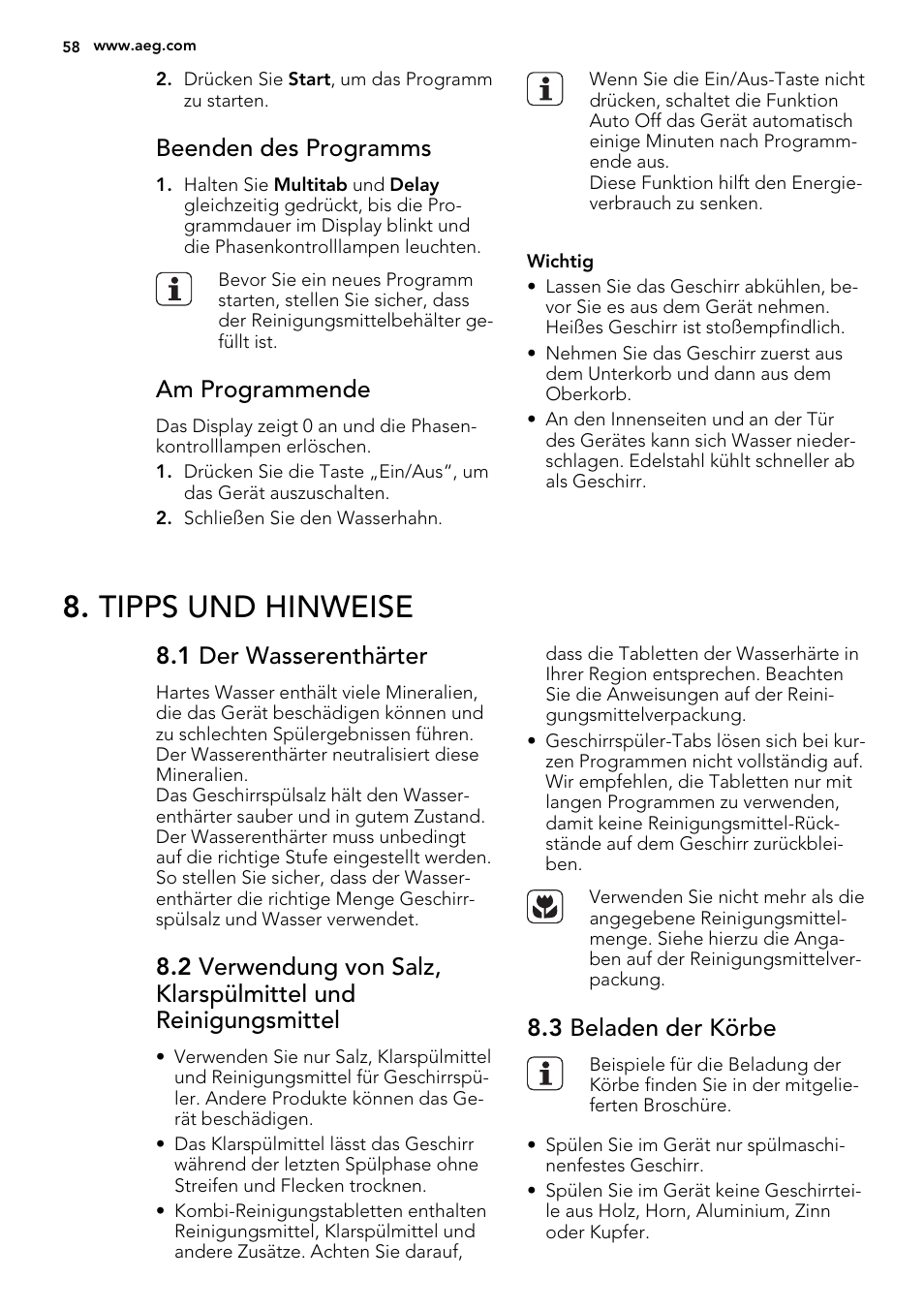 Tipps und hinweise, Beenden des programms, Am programmende | 1 der wasserenthärter, 3 beladen der körbe | AEG F55020W0P User Manual | Page 58 / 64