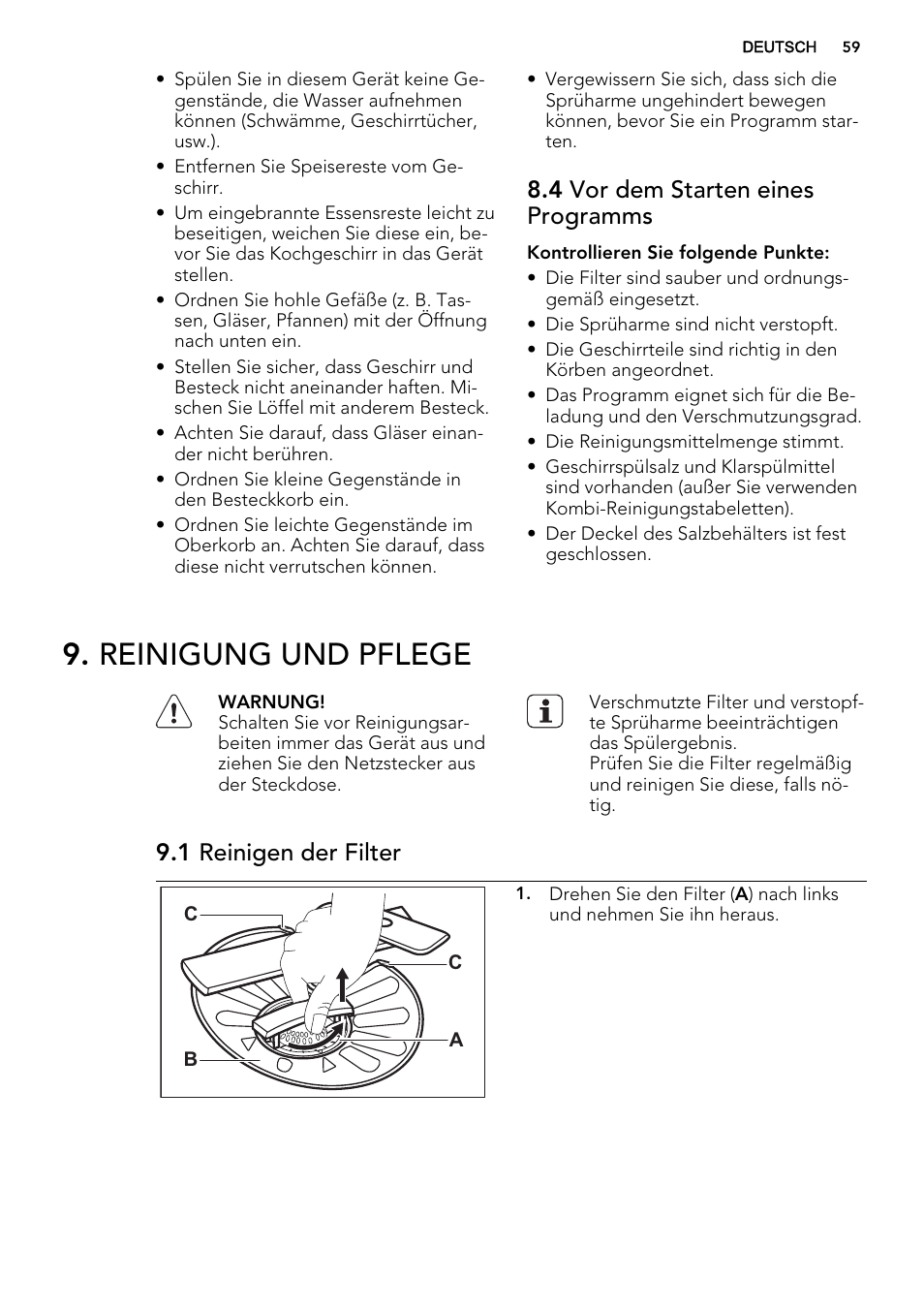 Reinigung und pflege, 4 vor dem starten eines programms, 1 reinigen der filter | AEG F55020W0P User Manual | Page 59 / 64