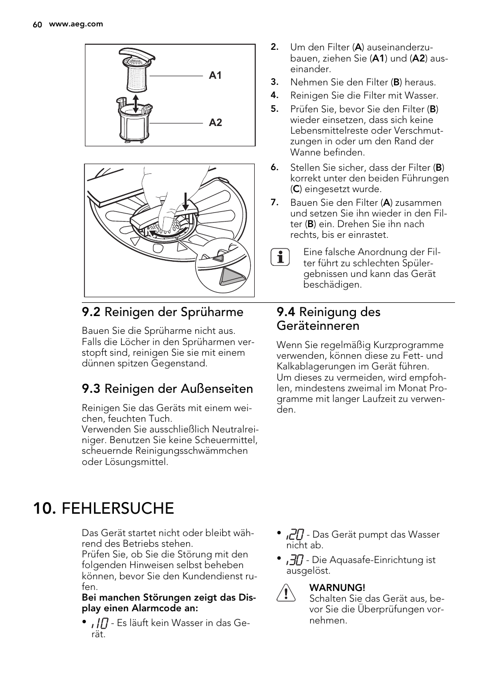 Fehlersuche, 2 reinigen der sprüharme, 3 reinigen der außenseiten | 4 reinigung des geräteinneren | AEG F55020W0P User Manual | Page 60 / 64