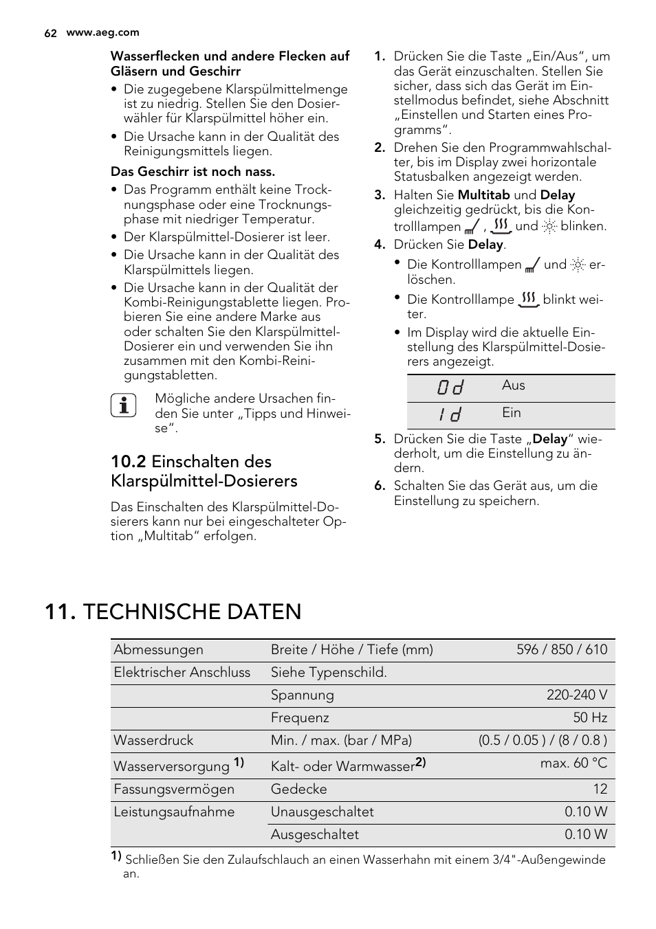 Technische daten, 2 einschalten des klarspülmittel-dosierers | AEG F55020W0P User Manual | Page 62 / 64