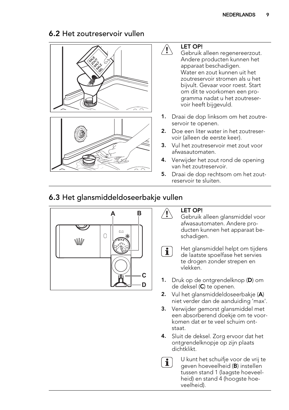2 het zoutreservoir vullen, 3 het glansmiddeldoseerbakje vullen, Ab d c | AEG F55020W0P User Manual | Page 9 / 64
