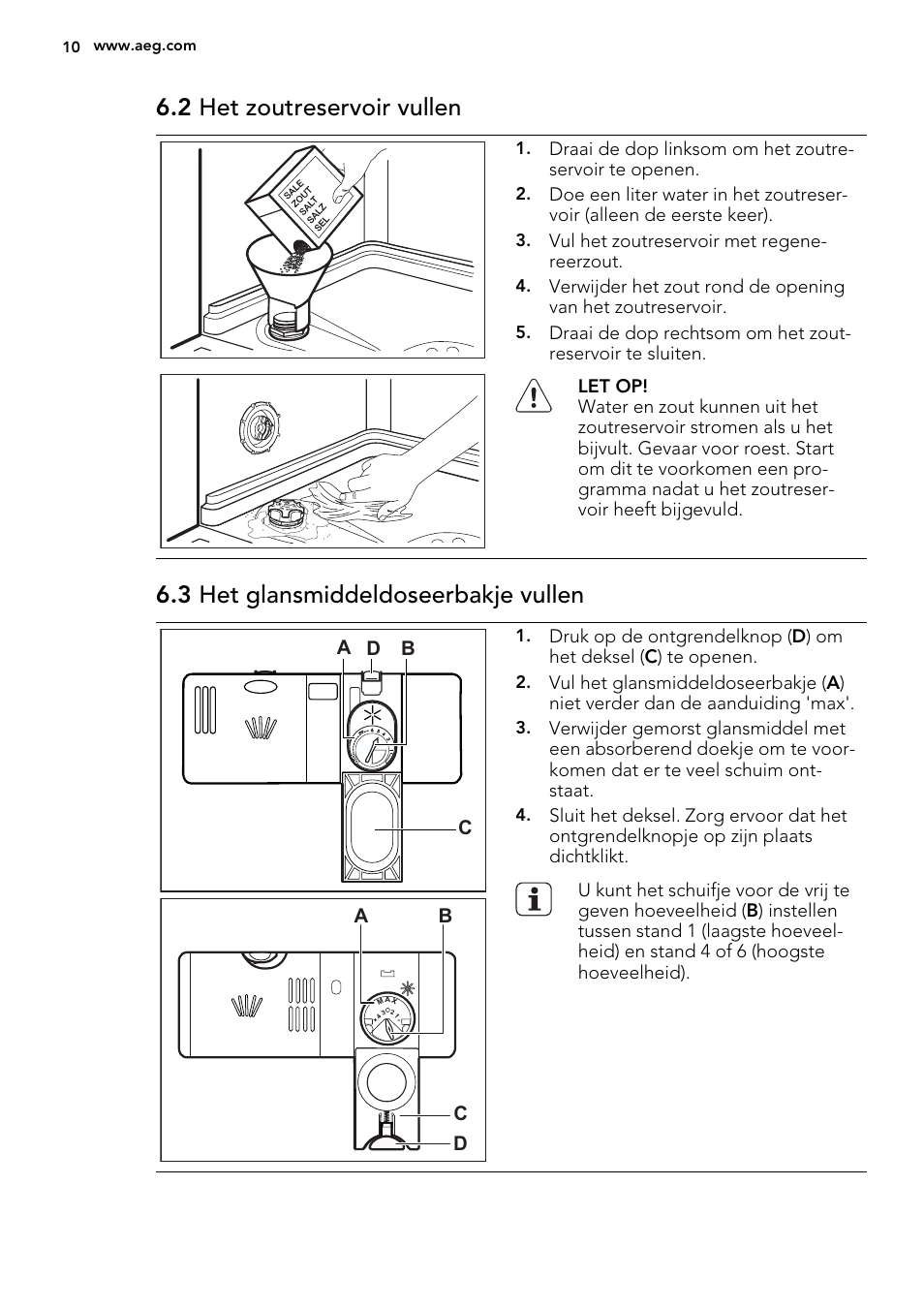 2 het zoutreservoir vullen, 3 het glansmiddeldoseerbakje vullen | AEG F55022W0 User Manual | Page 10 / 68