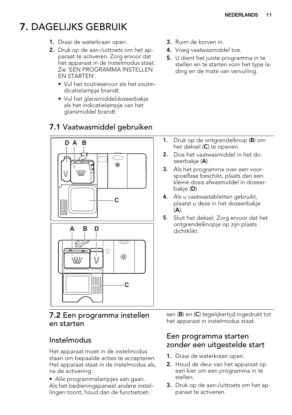 Dagelijks gebruik, 1 vaatwasmiddel gebruiken, 2 een programma instellen en starten instelmodus | Een programma starten zonder een uitgestelde start, A b d, Ad c | AEG F55022W0 User Manual | Page 11 / 68