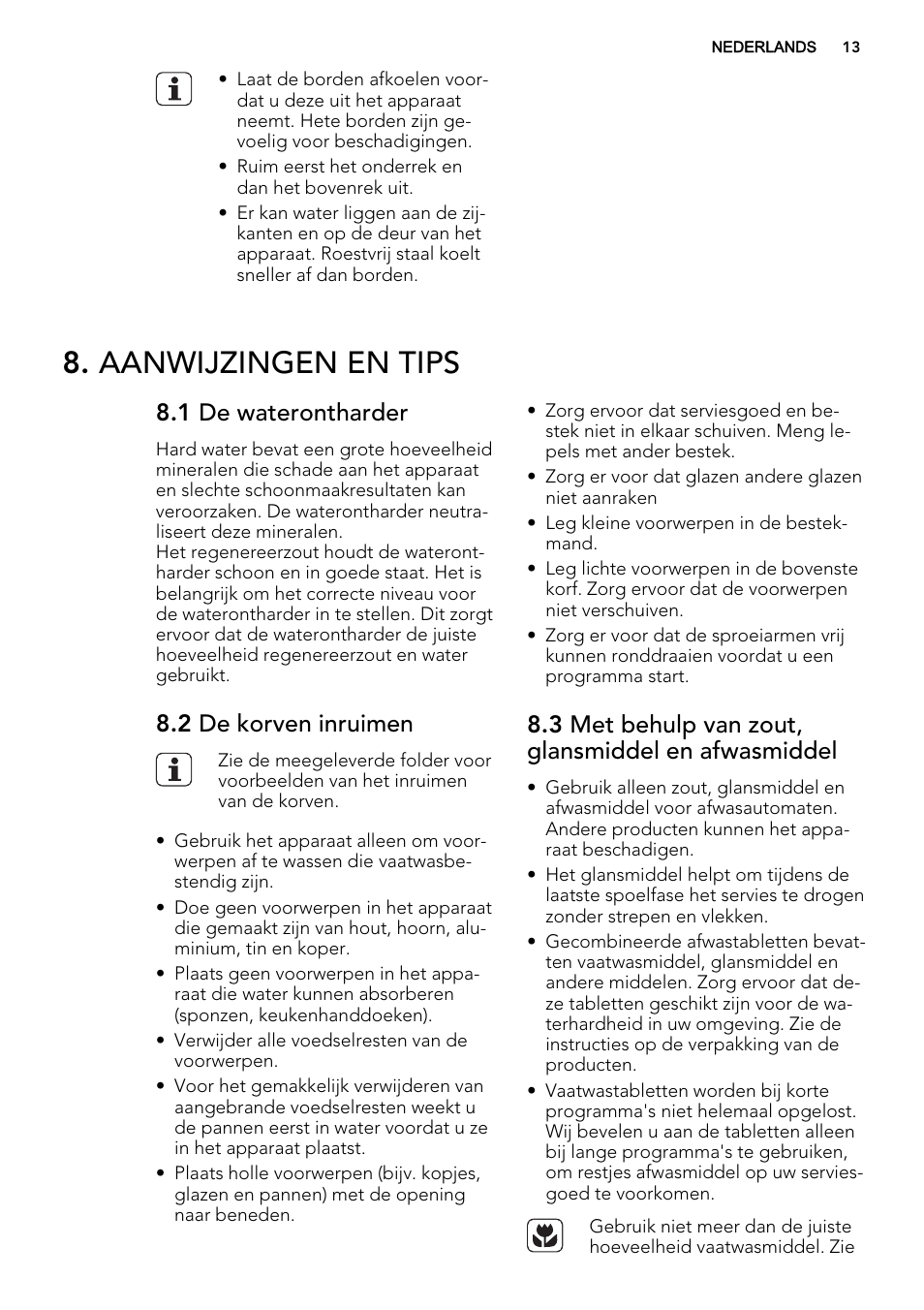 Aanwijzingen en tips, 1 de waterontharder, 2 de korven inruimen | 3 met behulp van zout, glansmiddel en afwasmiddel | AEG F55022W0 User Manual | Page 13 / 68