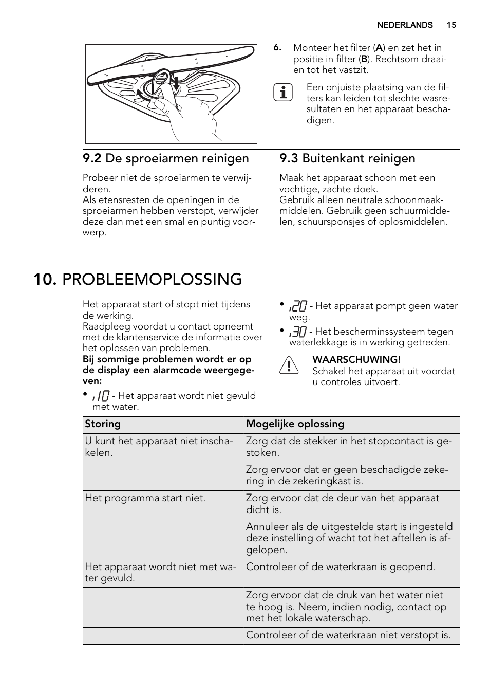 Probleemoplossing, 2 de sproeiarmen reinigen, 3 buitenkant reinigen | AEG F55022W0 User Manual | Page 15 / 68