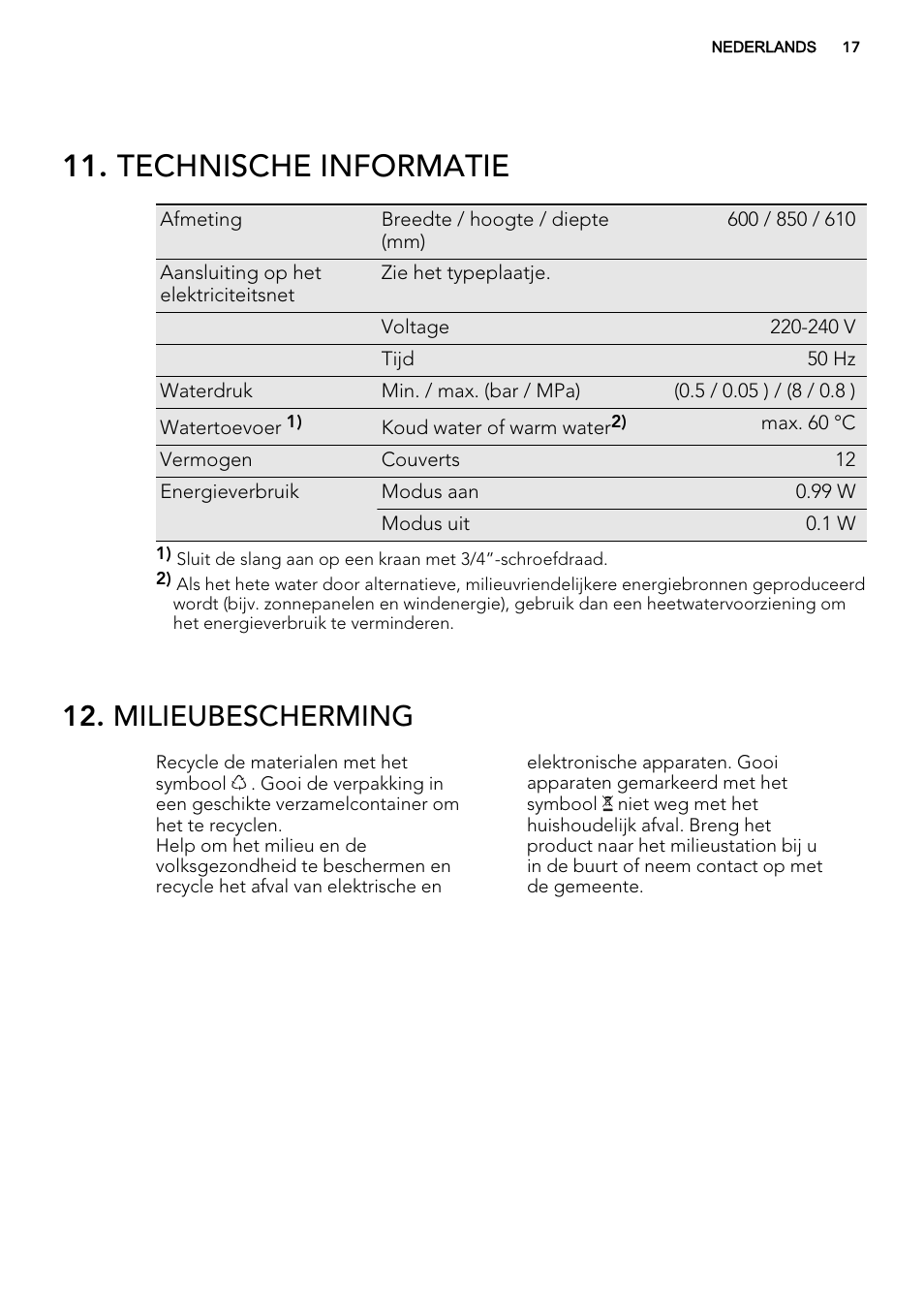 Technische informatie, Milieubescherming | AEG F55022W0 User Manual | Page 17 / 68