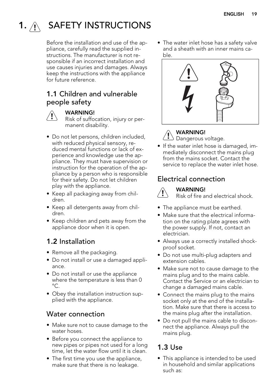 Safety instructions, 1 children and vulnerable people safety, 2 installation | Water connection, Electrical connection, 3 use | AEG F55022W0 User Manual | Page 19 / 68