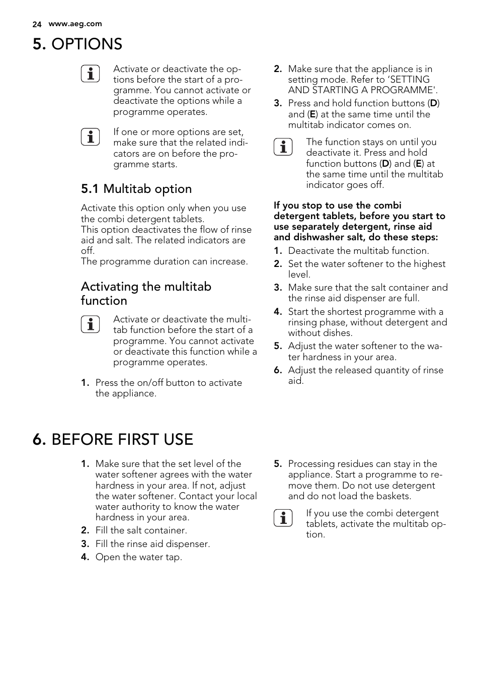 Options, Before first use, 1 multitab option | Activating the multitab function | AEG F55022W0 User Manual | Page 24 / 68