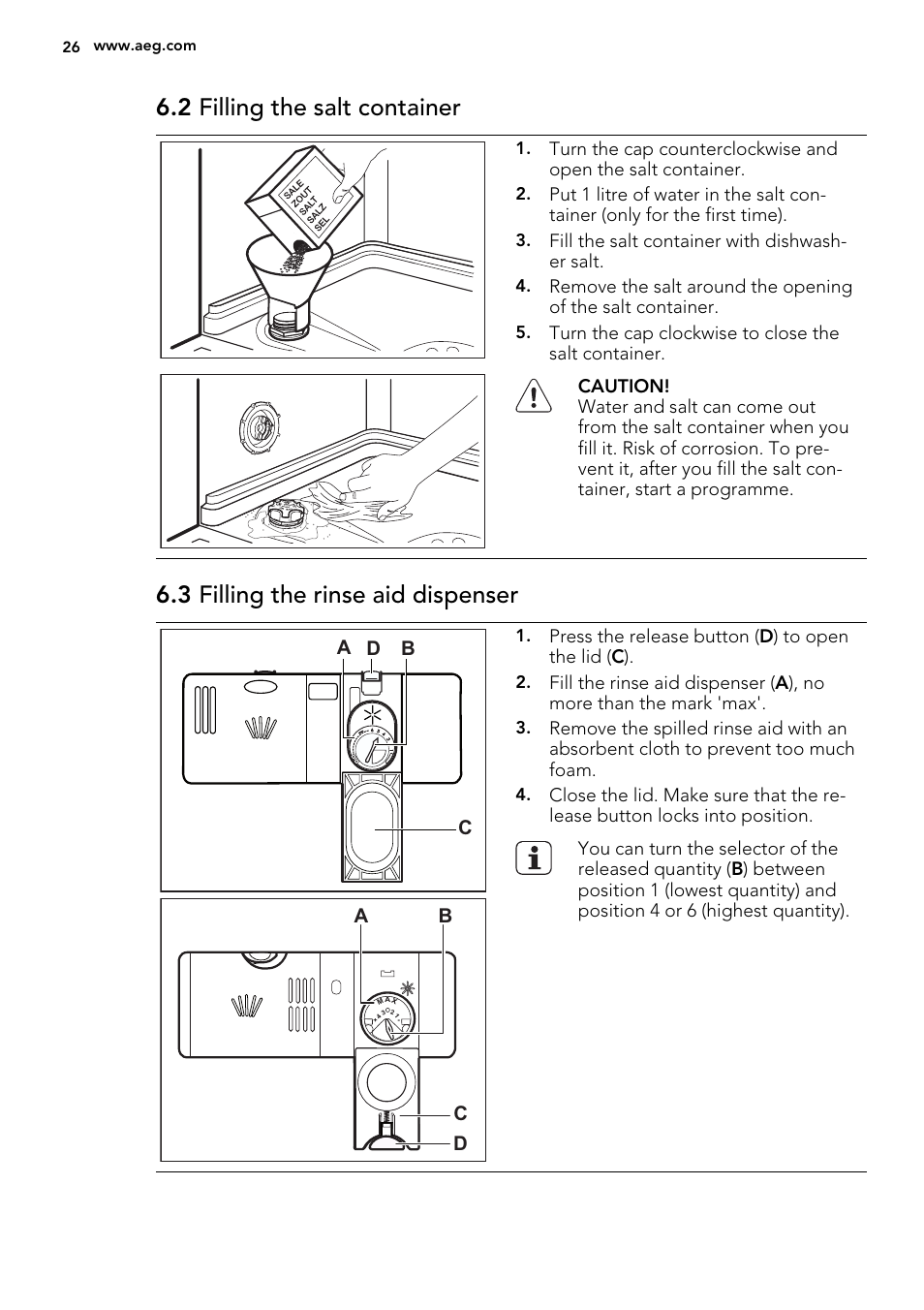 2 filling the salt container, 3 filling the rinse aid dispenser | AEG F55022W0 User Manual | Page 26 / 68