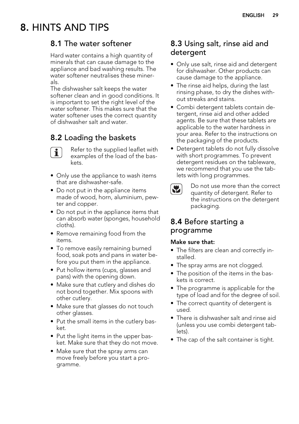 Hints and tips, 1 the water softener, 2 loading the baskets | 3 using salt, rinse aid and detergent, 4 before starting a programme | AEG F55022W0 User Manual | Page 29 / 68