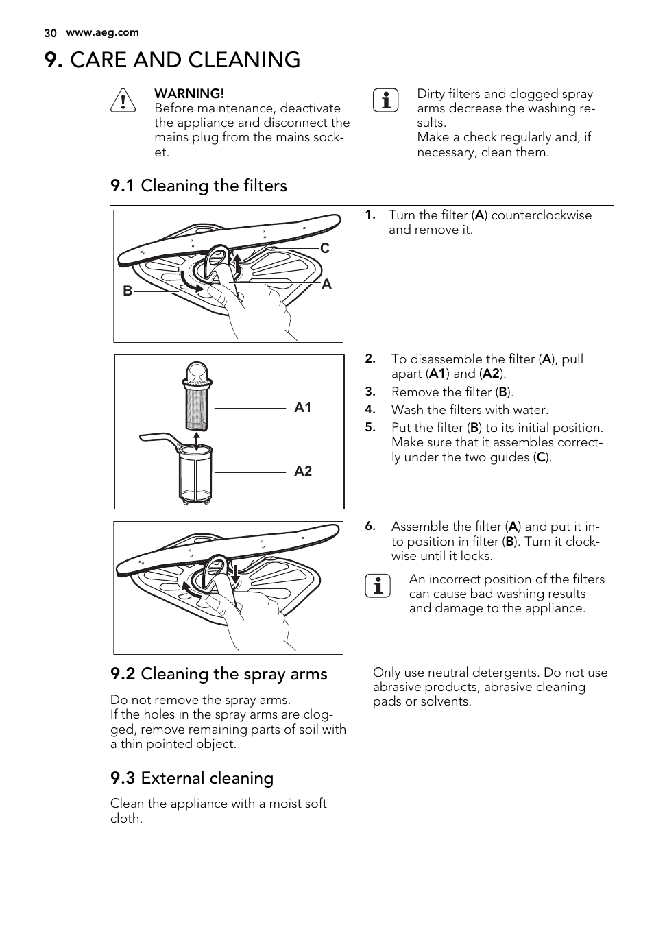 Care and cleaning, 1 cleaning the filters, 2 cleaning the spray arms | 3 external cleaning | AEG F55022W0 User Manual | Page 30 / 68