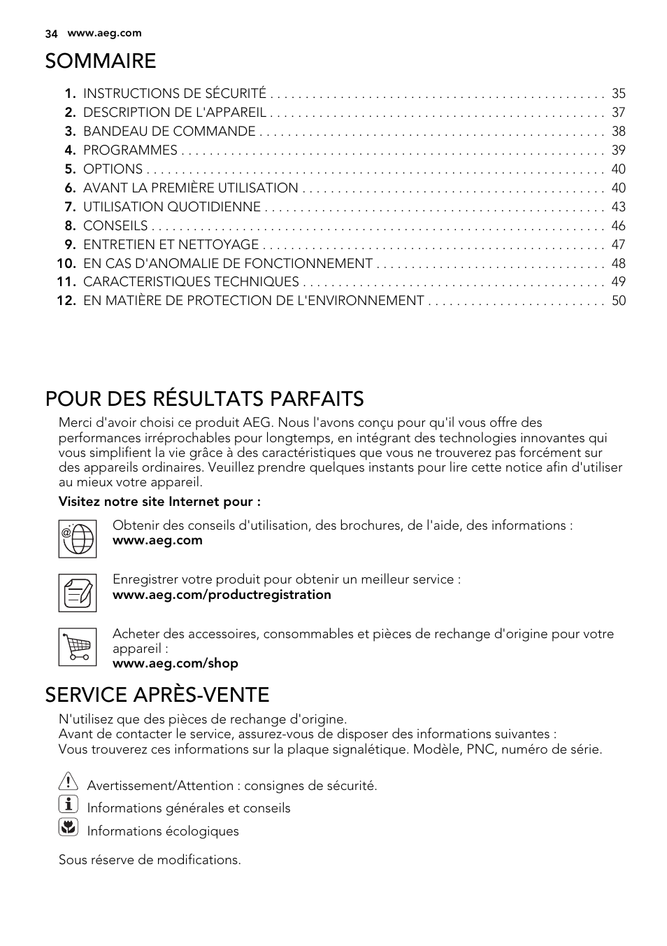 Sommaire, Pour des résultats parfaits, Service après-vente | AEG F55022W0 User Manual | Page 34 / 68