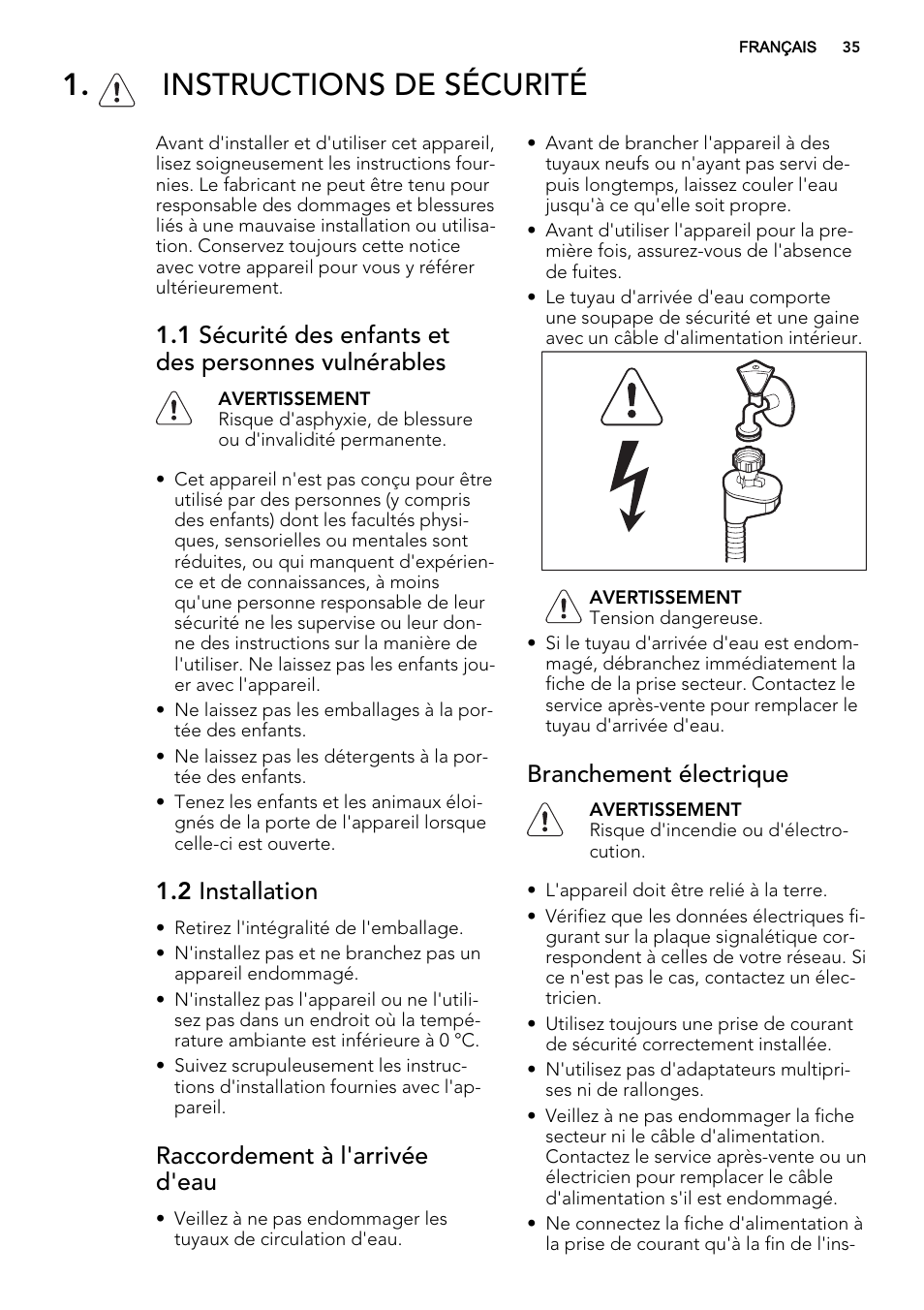 Instructions de sécurité, 2 installation, Raccordement à l'arrivée d'eau | Branchement électrique | AEG F55022W0 User Manual | Page 35 / 68