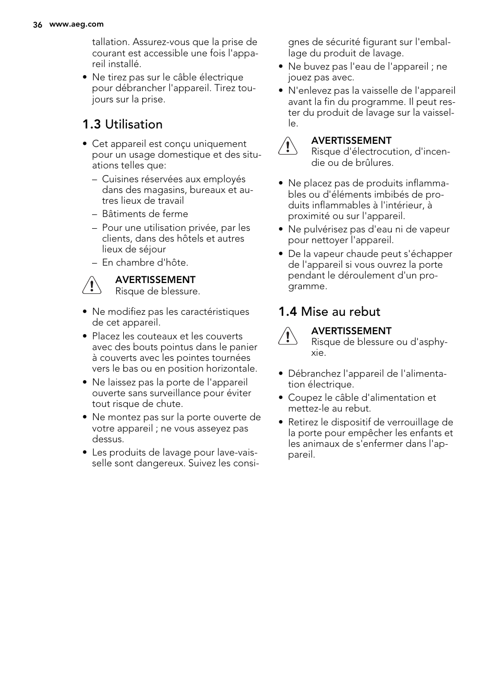 3 utilisation, 4 mise au rebut | AEG F55022W0 User Manual | Page 36 / 68