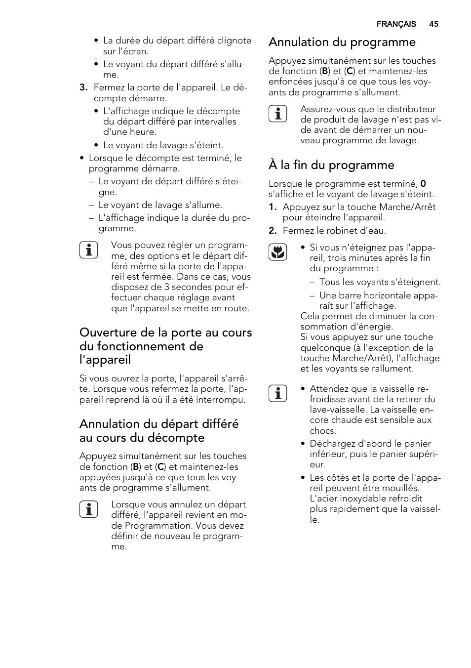 Annulation du départ différé au cours du décompte, Annulation du programme, À la fin du programme | AEG F55022W0 User Manual | Page 45 / 68