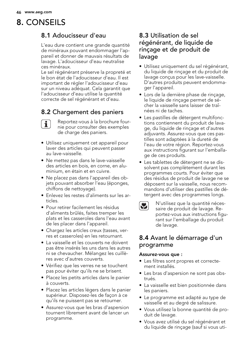 Conseils, 1 adoucisseur d'eau, 2 chargement des paniers | 4 avant le démarrage d'un programme | AEG F55022W0 User Manual | Page 46 / 68