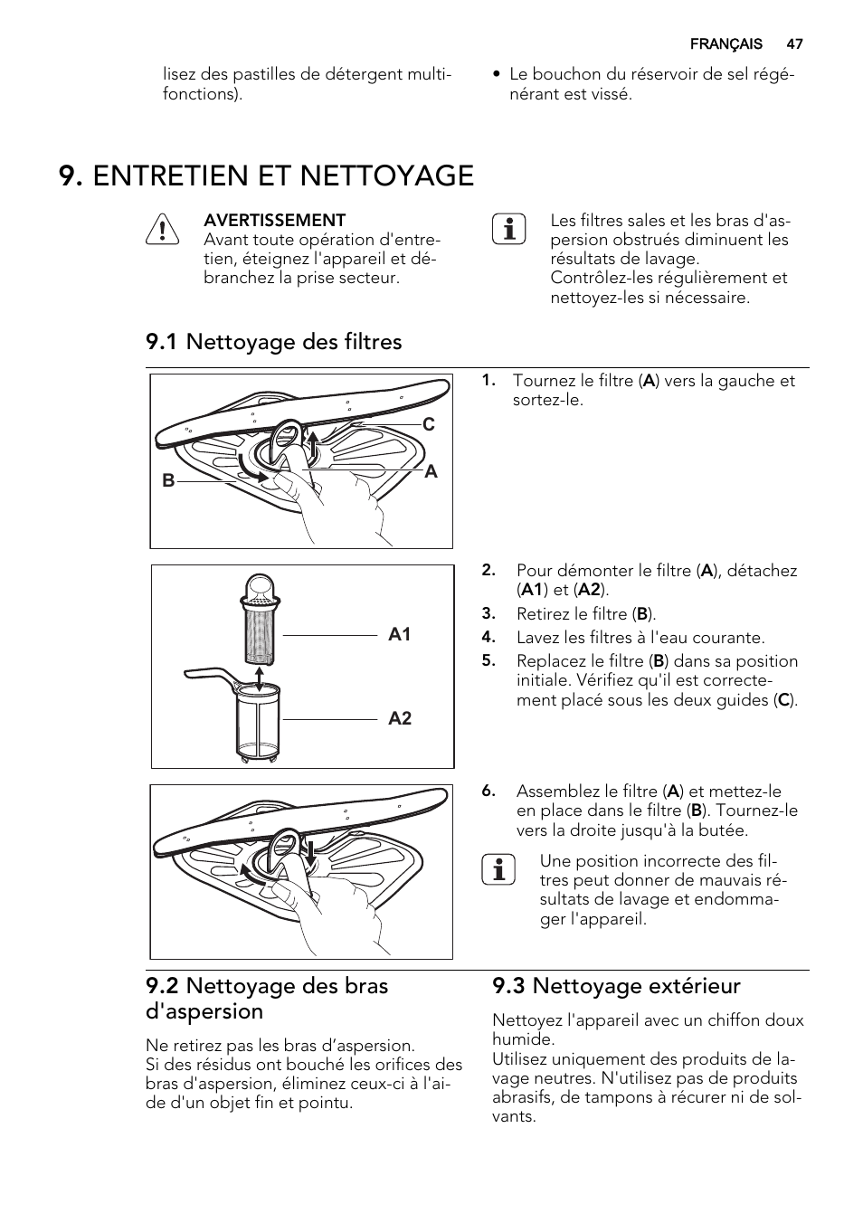 Entretien et nettoyage, 1 nettoyage des filtres, 2 nettoyage des bras d'aspersion | 3 nettoyage extérieur | AEG F55022W0 User Manual | Page 47 / 68