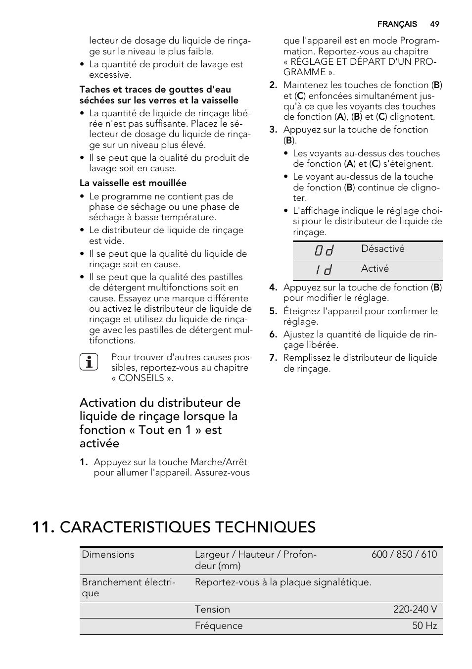 Caracteristiques techniques | AEG F55022W0 User Manual | Page 49 / 68