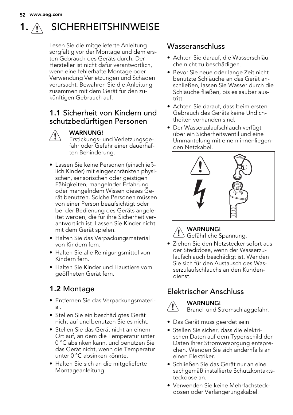 Sicherheitshinweise, 2 montage, Wasseranschluss | Elektrischer anschluss | AEG F55022W0 User Manual | Page 52 / 68