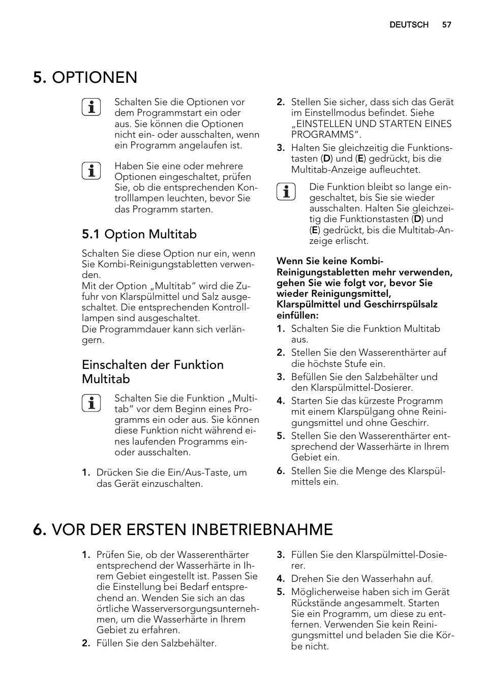 Optionen, Vor der ersten inbetriebnahme, 1 option multitab | Einschalten der funktion multitab | AEG F55022W0 User Manual | Page 57 / 68