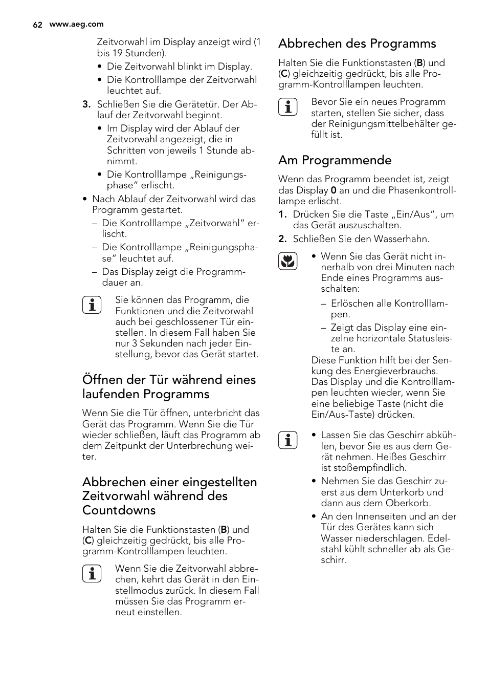 Öffnen der tür während eines laufenden programms, Abbrechen des programms, Am programmende | AEG F55022W0 User Manual | Page 62 / 68