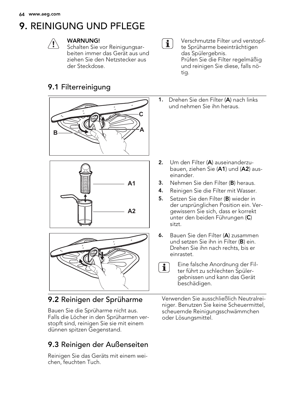 Reinigung und pflege, 1 filterreinigung, 2 reinigen der sprüharme | 3 reinigen der außenseiten | AEG F55022W0 User Manual | Page 64 / 68