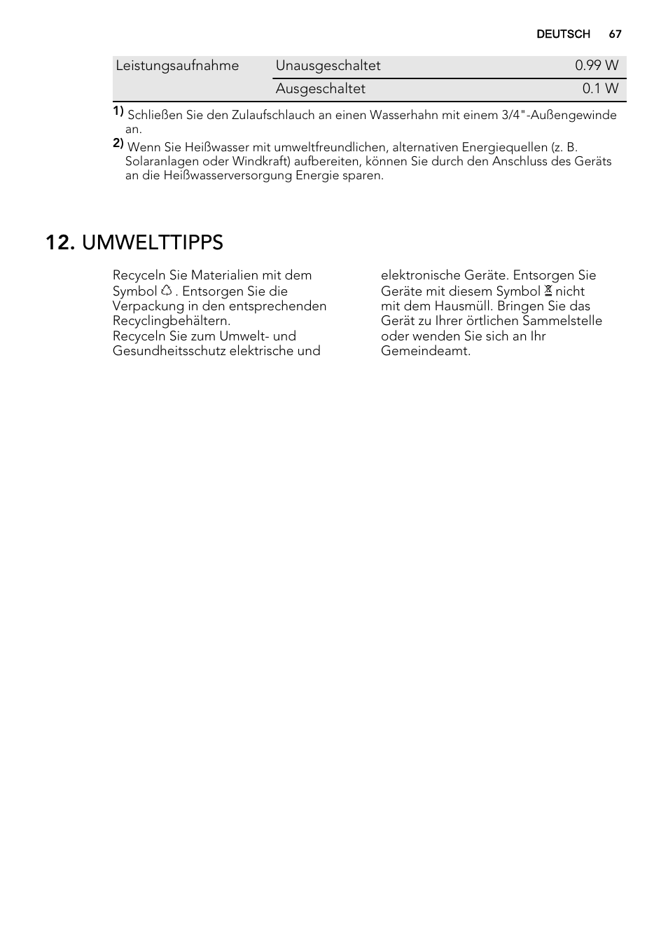 Umwelttipps | AEG F55022W0 User Manual | Page 67 / 68