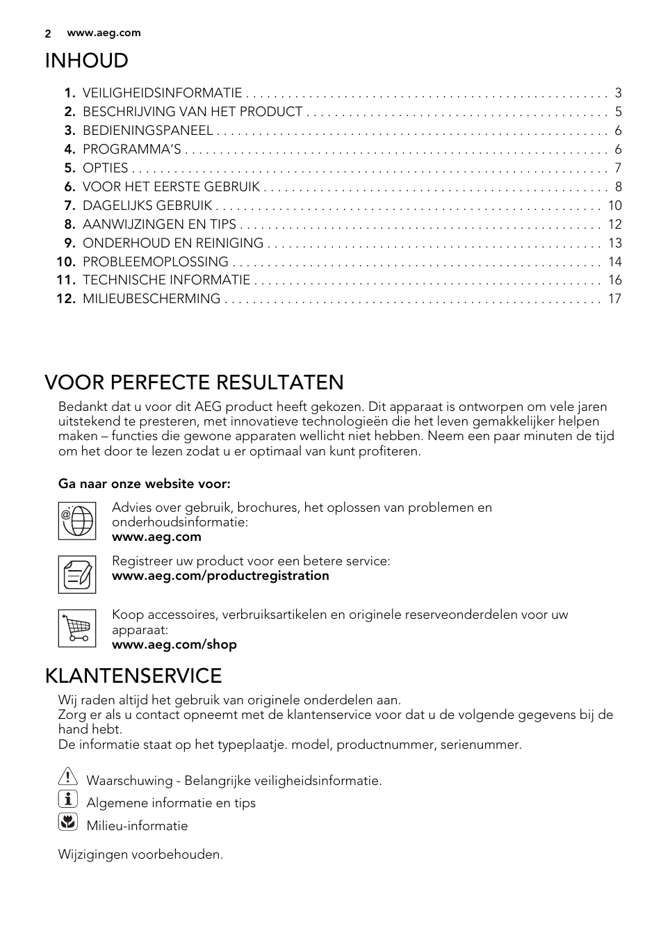 Inhoud, Voor perfecte resultaten, Klantenservice | AEG F55030W0P User Manual | Page 2 / 68