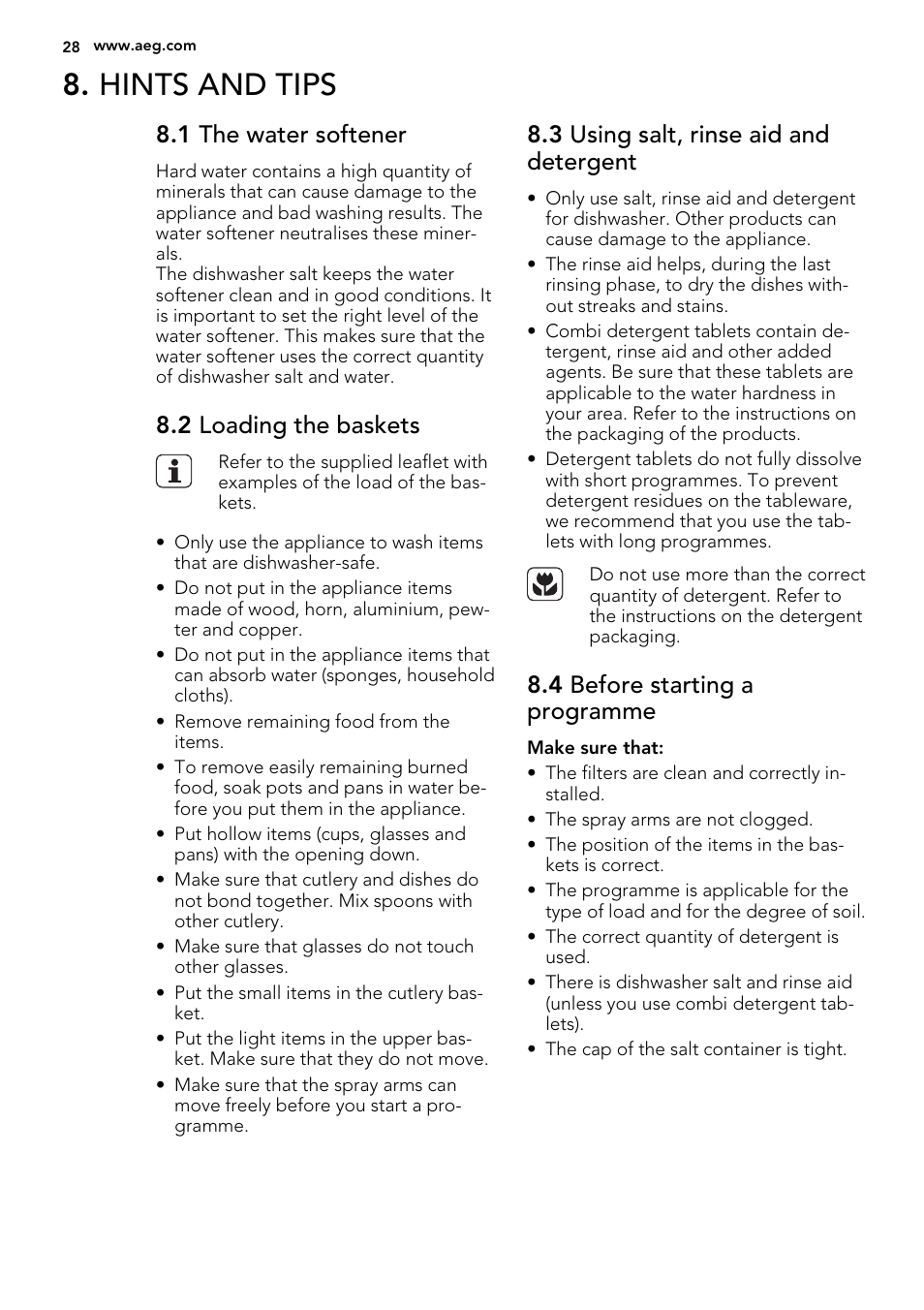 Hints and tips, 1 the water softener, 2 loading the baskets | 3 using salt, rinse aid and detergent, 4 before starting a programme | AEG F55030W0P User Manual | Page 28 / 68