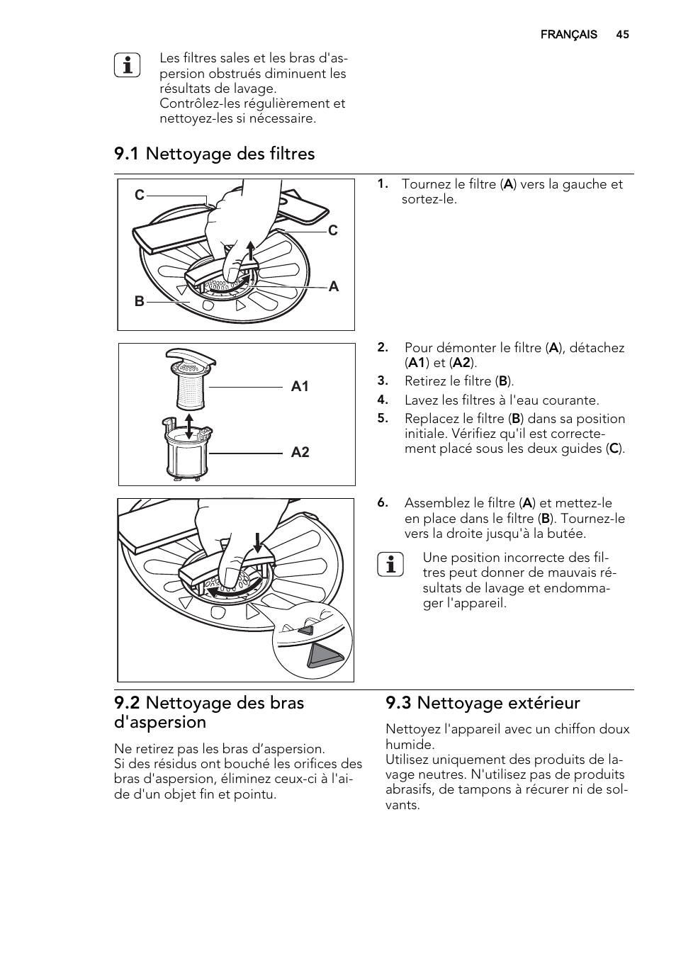 1 nettoyage des filtres, 2 nettoyage des bras d'aspersion, 3 nettoyage extérieur | AEG F55030W0P User Manual | Page 45 / 68