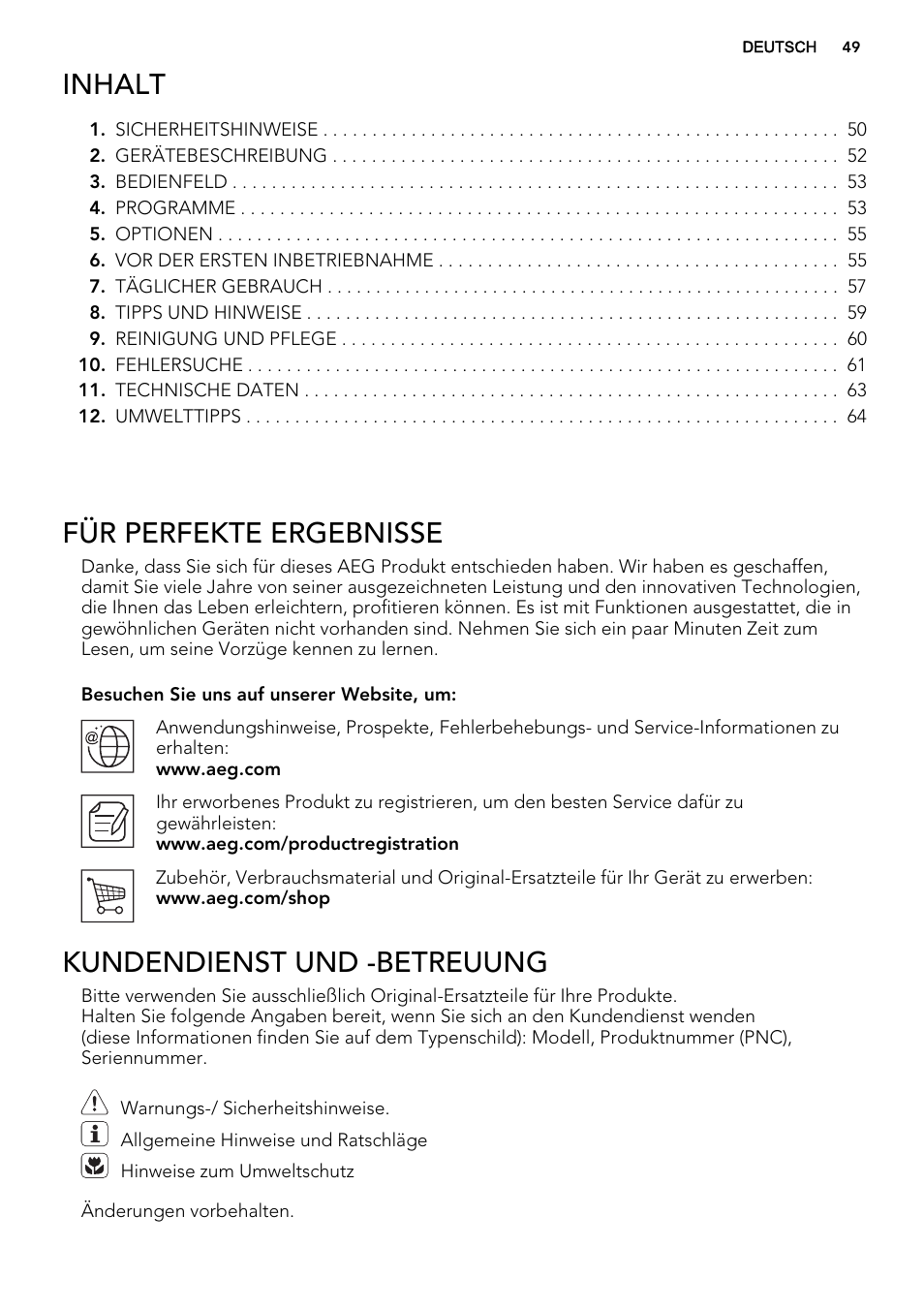 Inhalt, Für perfekte ergebnisse, Kundendienst und -betreuung | AEG F55030W0P User Manual | Page 49 / 68