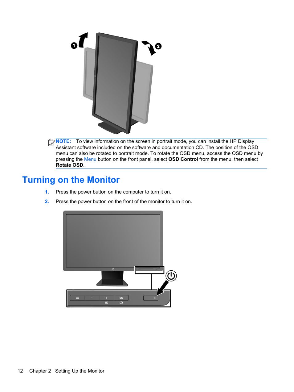 Turning on the monitor | HP Z Display Z23i 23-inch IPS LED Backlit Monitor User Manual | Page 18 / 28