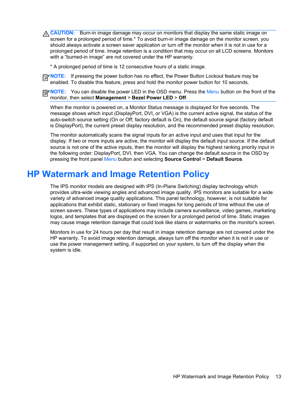 Hp watermark and image retention policy | HP Z Display Z23i 23-inch IPS LED Backlit Monitor User Manual | Page 19 / 28