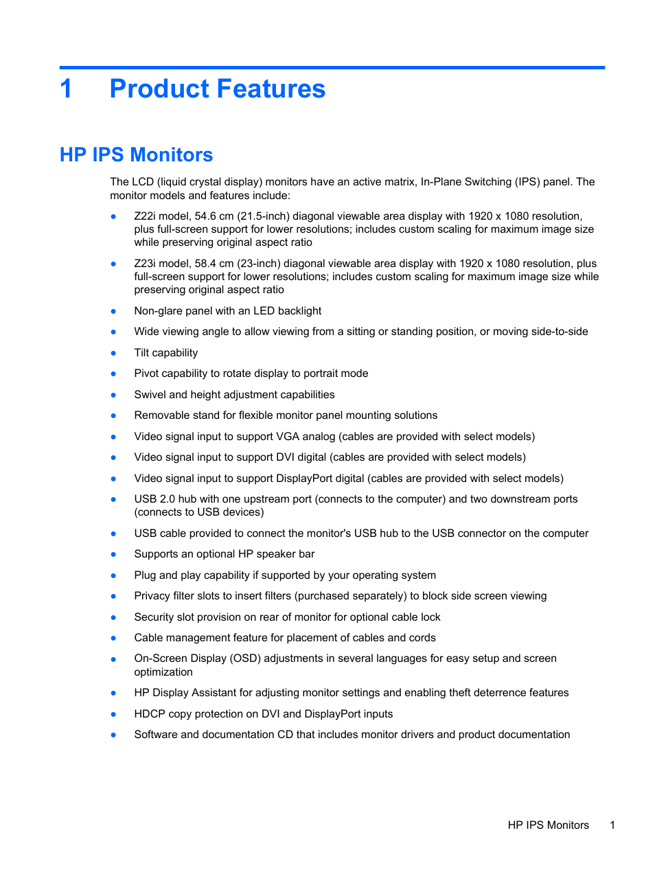 Product features, Hp ips monitors, 1 product features | 1product features | HP Z Display Z23i 23-inch IPS LED Backlit Monitor User Manual | Page 7 / 28